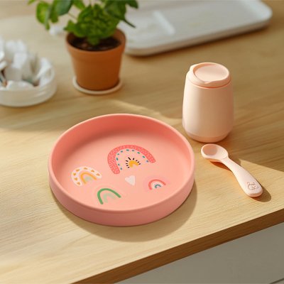 Assiette bebe arc en ciel rose