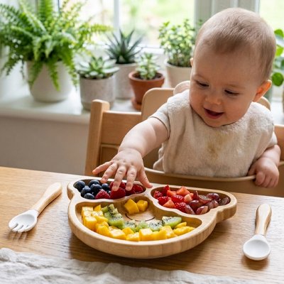 Assiette bebe compartimentée  en bois nature blanc-gris