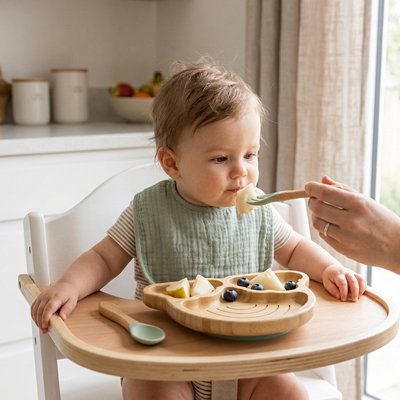 Assiette bebe compartimentée  en bois nature vert