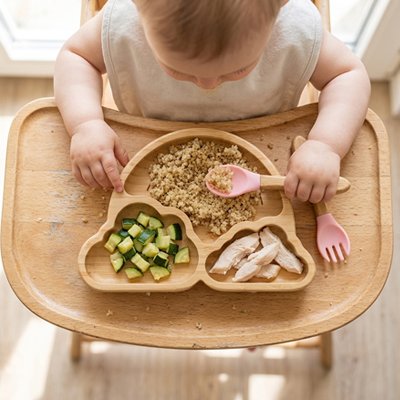 Assiette bebe compartimentée en bois naturel rose