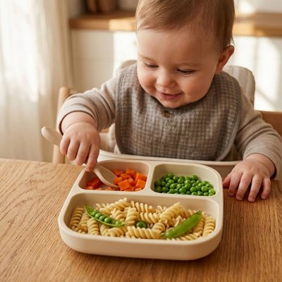 Assiette bébé ventouse a compartiments beige clair