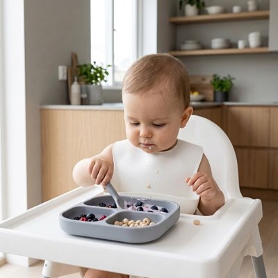 Assiette bébé ventouse a compartiments bleu gris