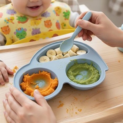 Assiette bébé ventouse a compartiments bleu