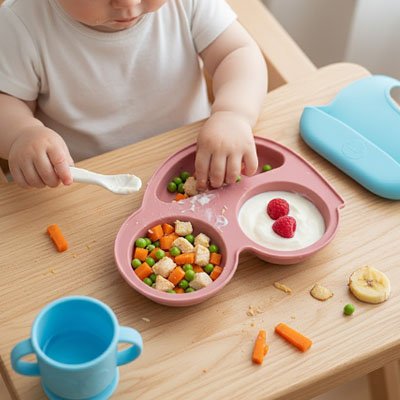 Assiette bébé ventouse a compartiments rose