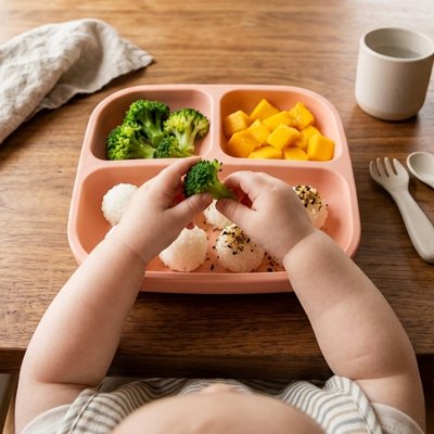 Assiette bébé ventouse souple rose-saumon