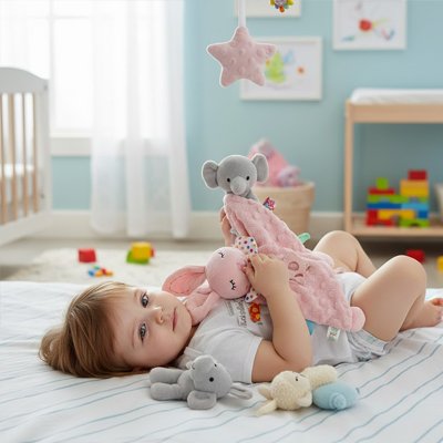Doudou bebe voyagement lapin rose
