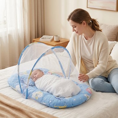 Lit moustiquaire bebe portable et pliable bleu