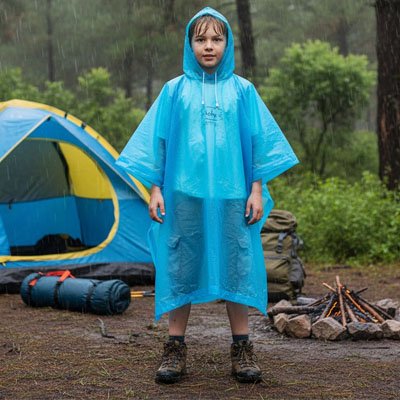 Poncho pluie a capuchon bleu
